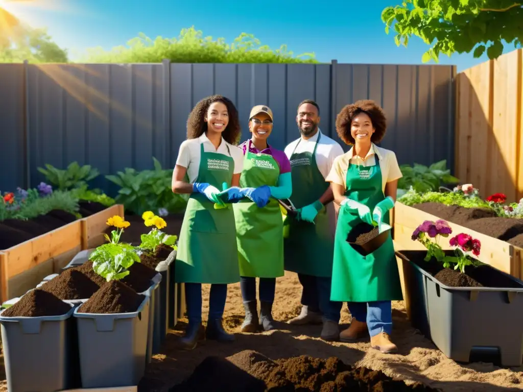 Grupo diverso cuidando un jardín comunitario, promoviendo beneficios de patrocinar proyectos de compostaje