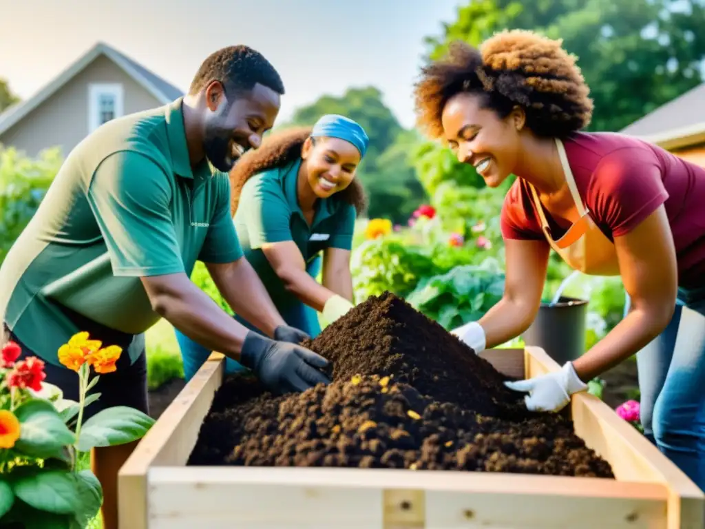 Grupo diverso en jardín, trabajando juntos en compostaje