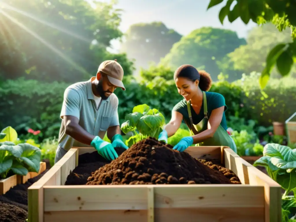 Un grupo diverso cuida juntos un jardín comunitario, practicando la capacitación en compostaje sostenible entre exuberante vegetación y luz natural