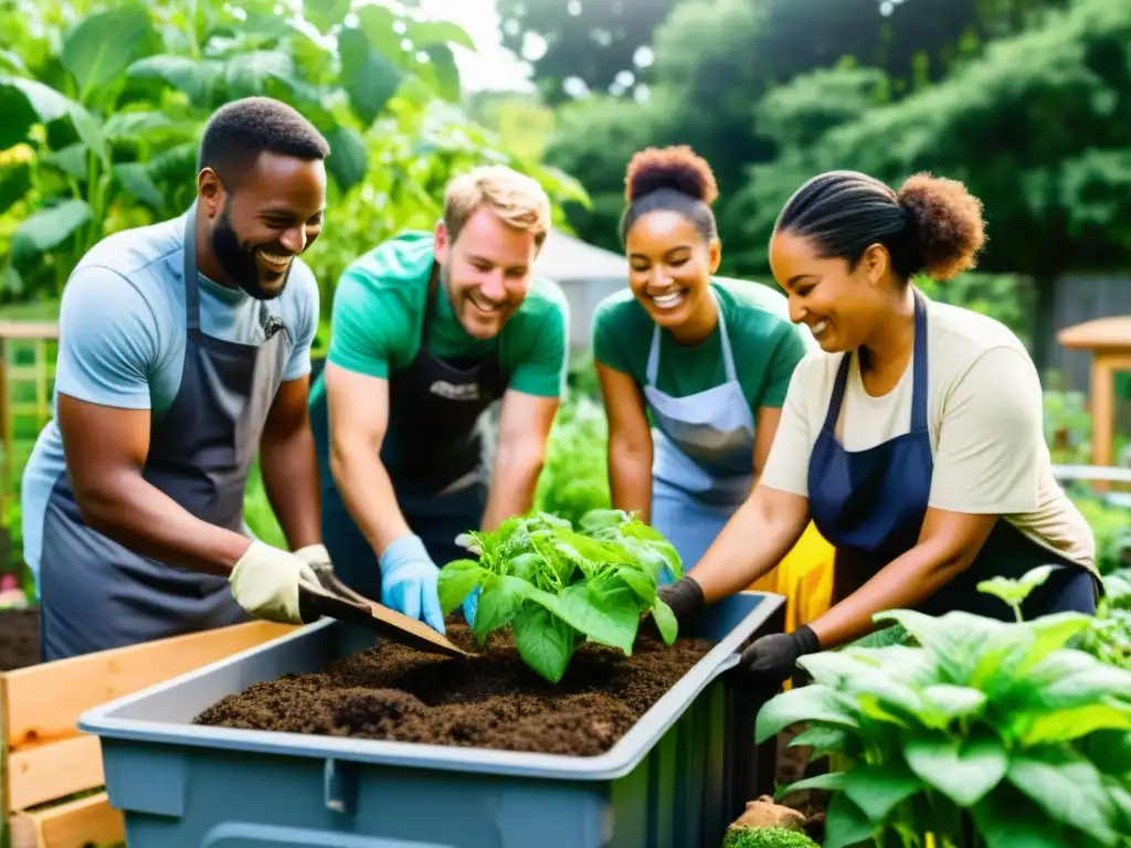 Un grupo diverso sonríe y trabaja juntos en un huerto comunitario, rodeado de vegetación exuberante y contenedores de compostaje