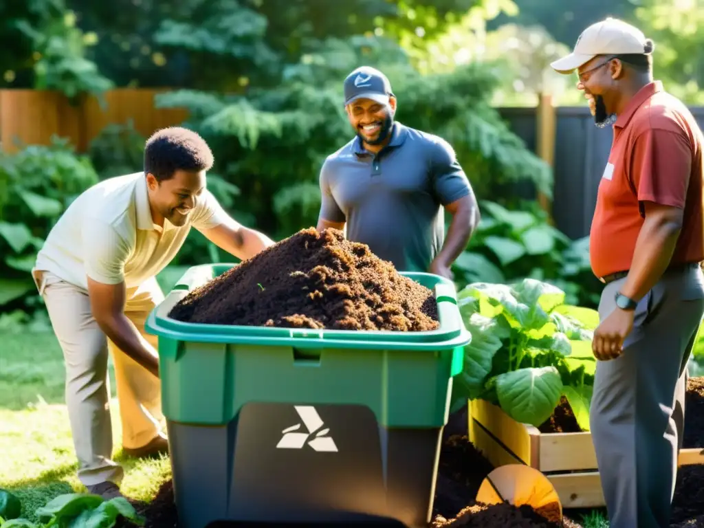 Un grupo diverso trabaja juntos en un taller de compostaje en un hogar sostenible, rodeados de naturaleza exuberante