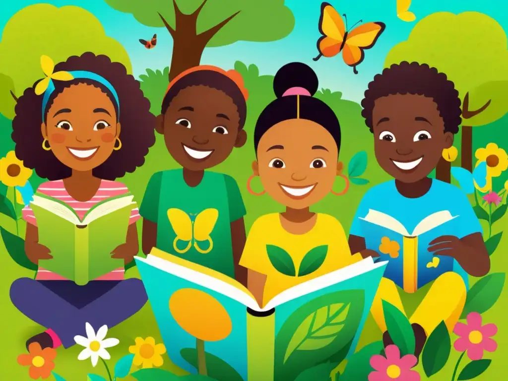 Un grupo diverso de niños sonríe mientras lee un libro sobre reciclaje y sostenibilidad en un parque verde y exuberante, rodeado de flores y árboles