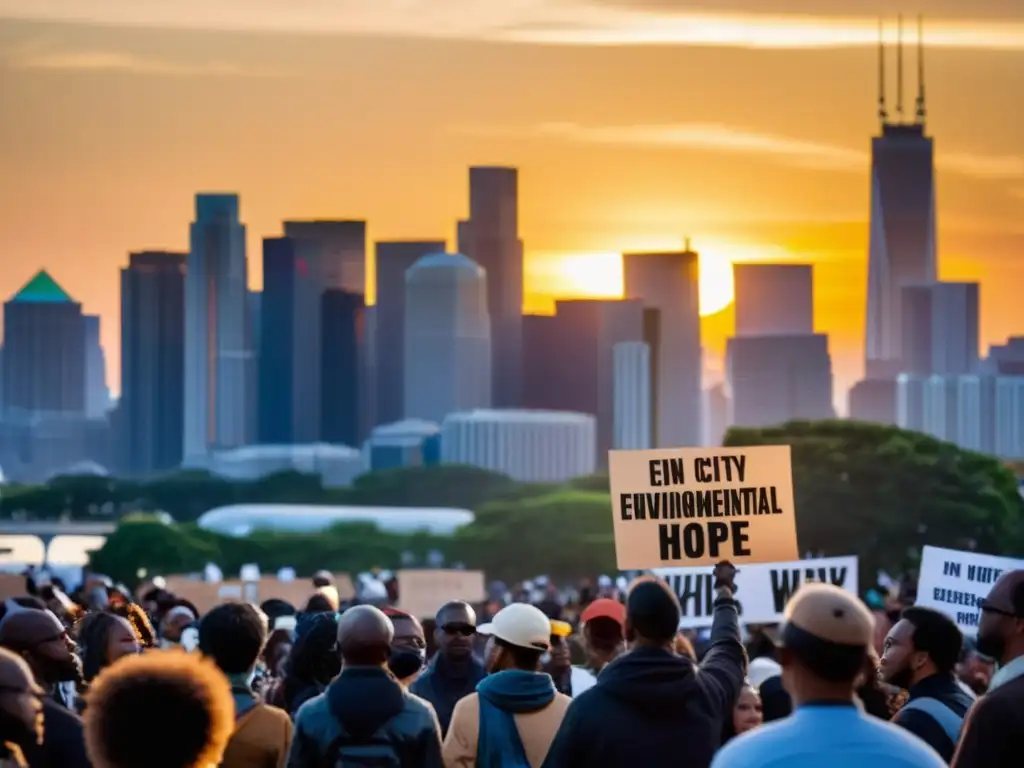 Un grupo diverso de manifestantes sostiene pancartas con consignas ambientales frente a un horizonte urbano al atardecer