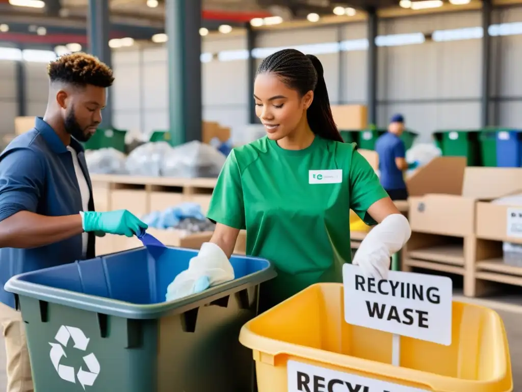 Un grupo diverso clasifica materiales reciclables en un centro de reciclaje