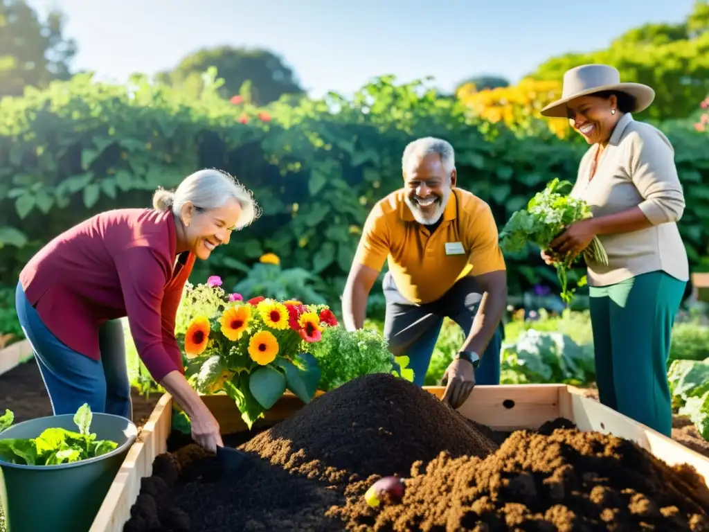 Un grupo diverso de miembros de la comunidad, incluyendo niños y ancianos, colabora en un jardín comunitario