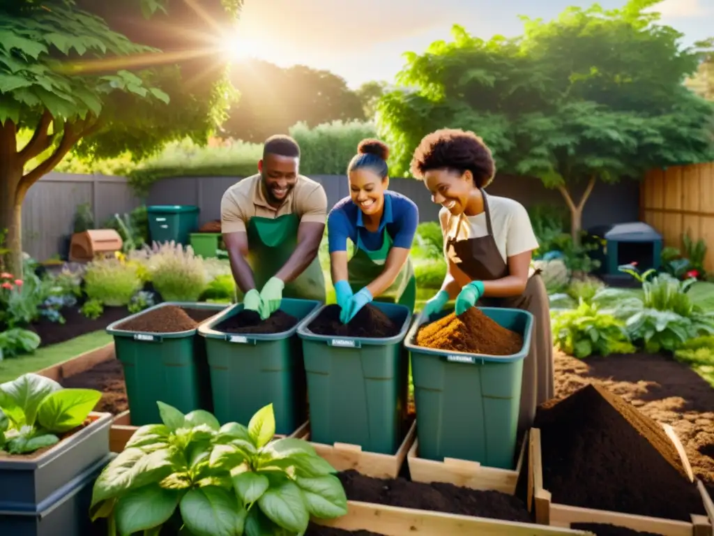 Un grupo diverso de miembros de la comunidad trabajando juntos en un jardín, rodeados de exuberante vegetación y contenedores de compost, con el sol proyectando una cálida luz sobre la escena