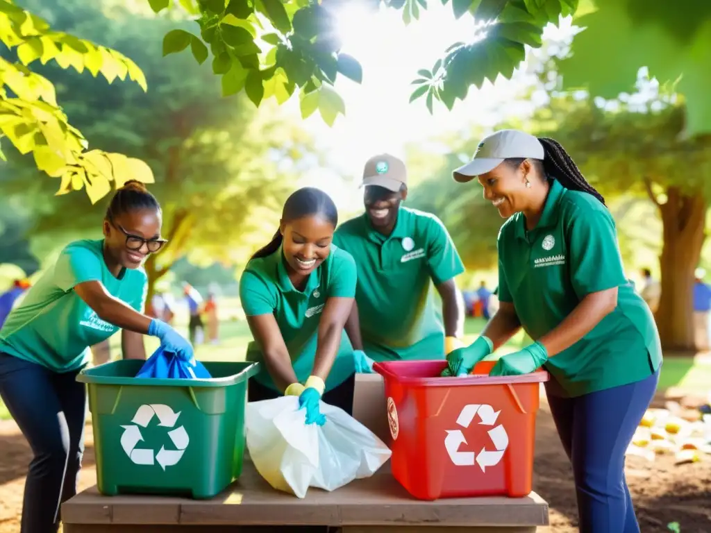 Un grupo diverso de miembros de la comunidad trabajando juntos para limpiar un parque local con enfoque en reciclaje y prácticas sostenibles