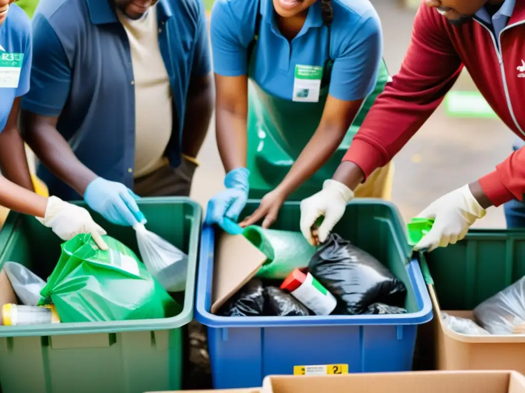 Un grupo diverso de miembros de la comunidad trabaja juntos para reciclar residuos en un centro local, promoviendo la salud comunitaria