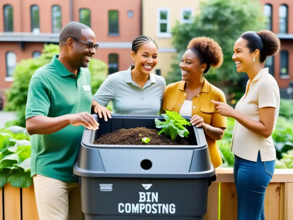 Un grupo diverso de miembros de la comunidad participa en un compostaje comunitario en startups, rodeados de un entorno urbano luminoso y limpio