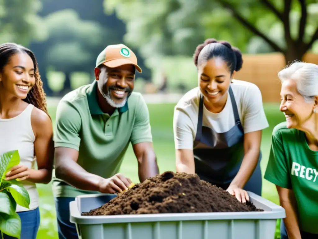 Un grupo diverso de miembros de la comunidad se une en un parque verde, participando en eventos de compostaje y reciclaje comunitarios