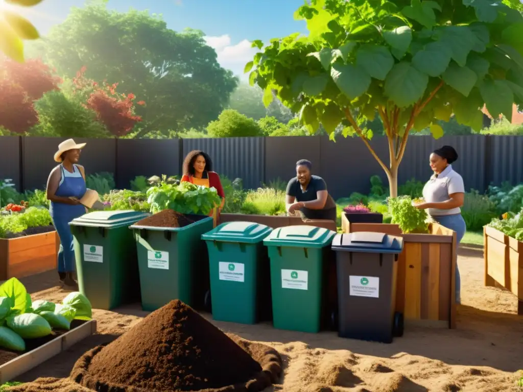 Un grupo diverso de miembros de la comunidad colabora en un jardín comunitario, rodeado de vegetación exuberante y contenedores de compostaje