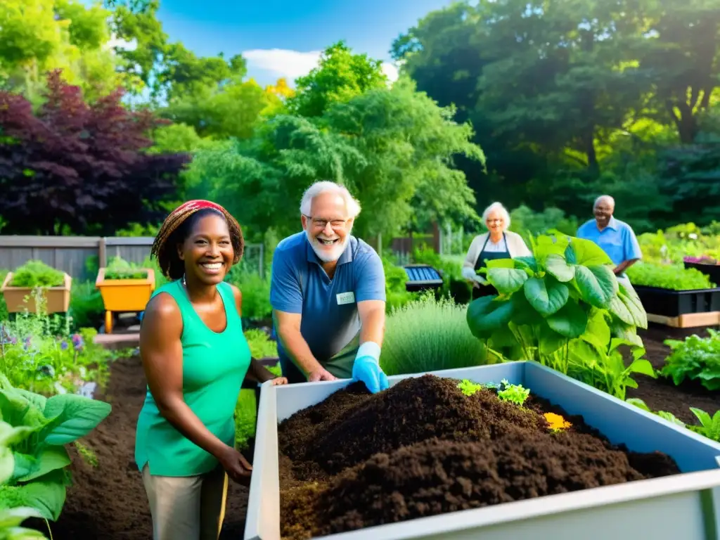 Un grupo diverso de miembros de la comunidad trabaja entusiastamente en un jardín comunitario