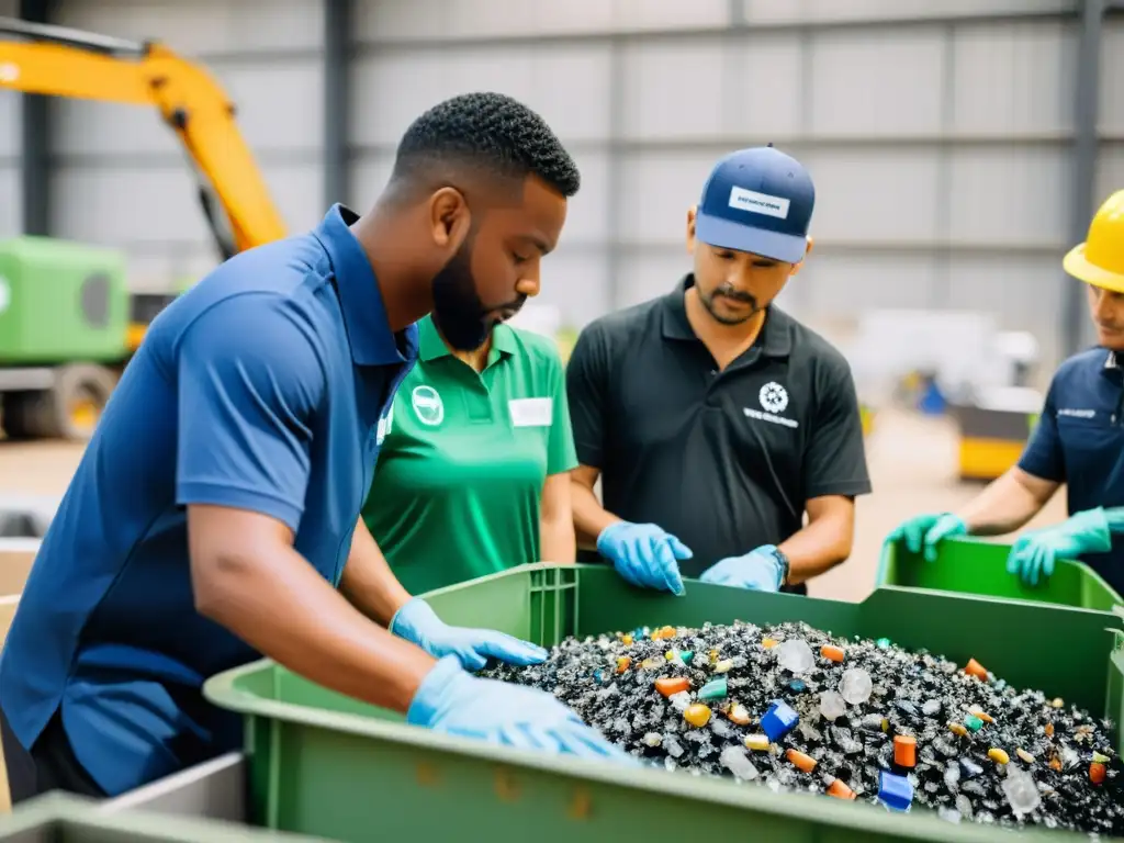 Un grupo diverso colabora en una moderna planta de reciclaje, reflejando la importancia de la economía circular y cooperación internacional