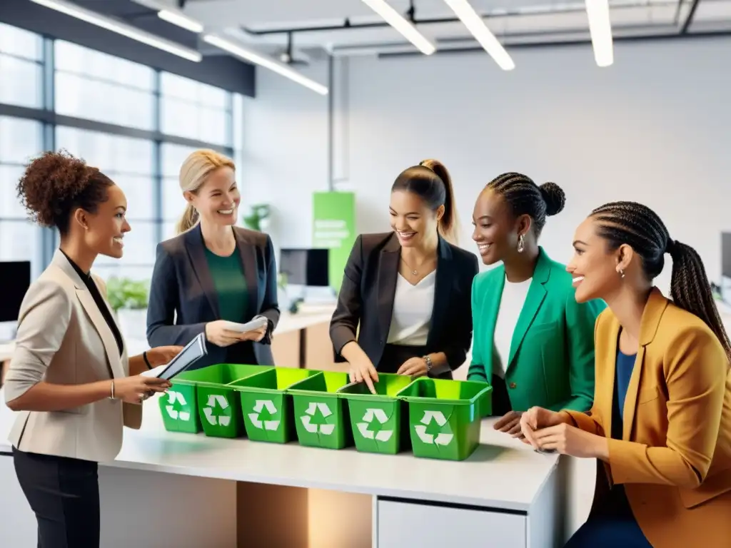 Grupo diverso de mujeres en atuendo tecnológico colaborando en innovadora tecnología de reciclaje en un moderno espacio de trabajo