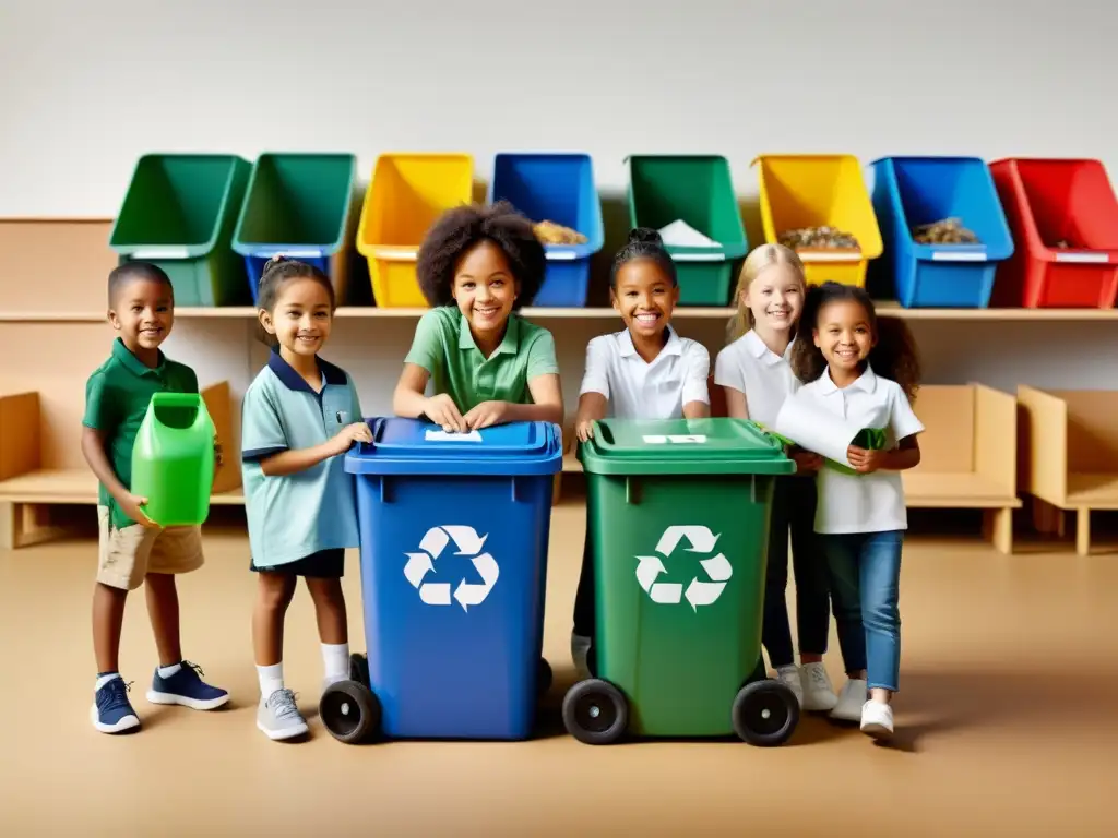 Niños de diferentes culturas reciclando juntos Un grupo diverso de niños participa en una actividad de reciclaje, compartiendo conocimientos sobre prácticas sostenibles