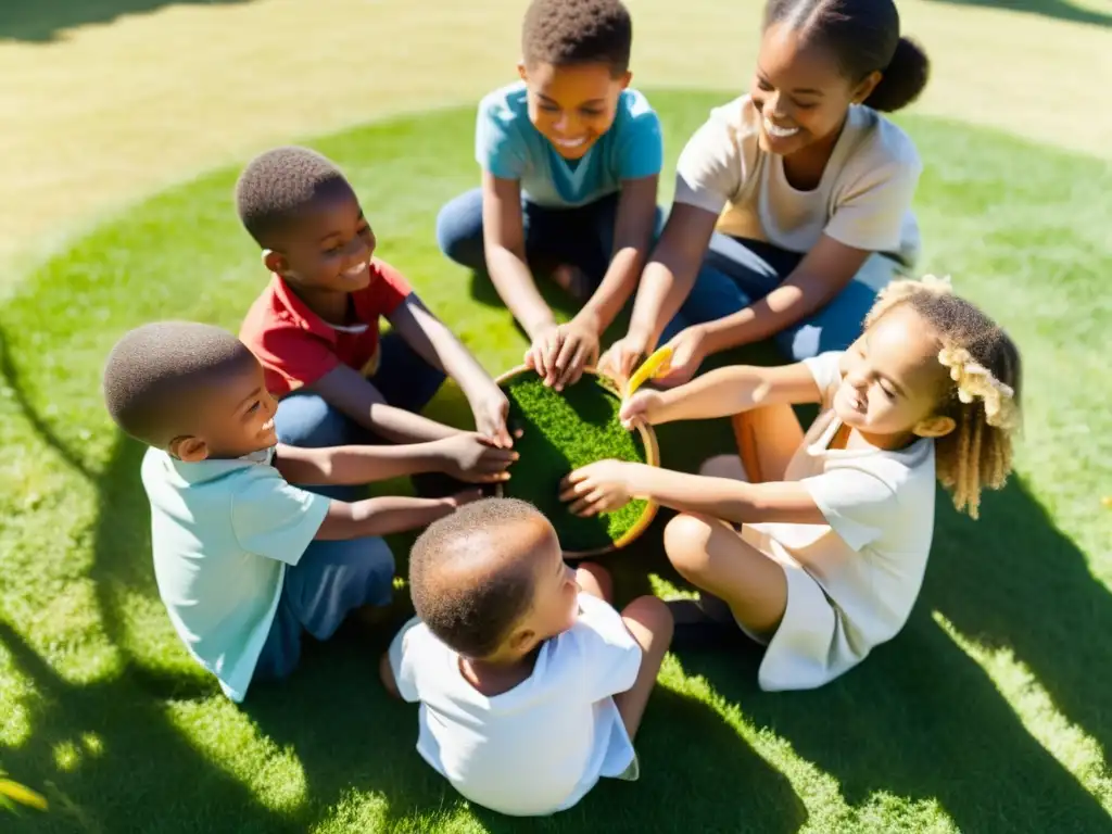 Un grupo diverso de niños se divierte en actividades educativas de reciclaje en un campo soleado