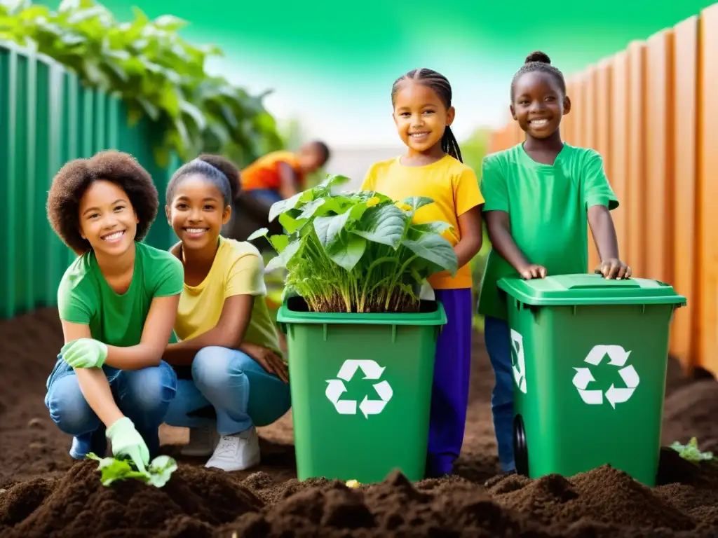 Un grupo diverso de niños y adultos trabajando juntos para reciclar y compostar, rodeados de plantas verdes y contenedores de reciclaje coloridos