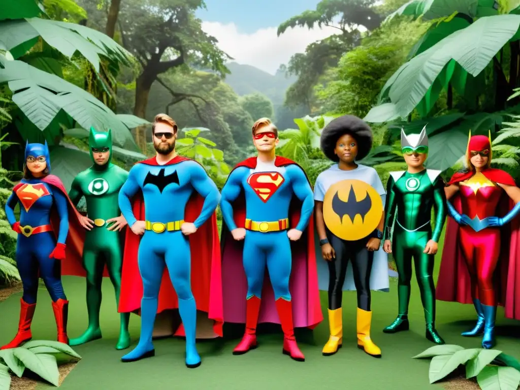 Un grupo diverso de niños y adultos viste trajes de superhéroes hechos de materiales reciclados, posando en un bosque verde exuberante