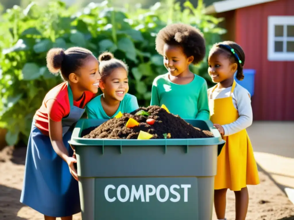 Grupo diverso de niños disfrutando de la educación ambiental para niños mientras aprenden sobre compostaje al aire libre en un día soleado y colorido