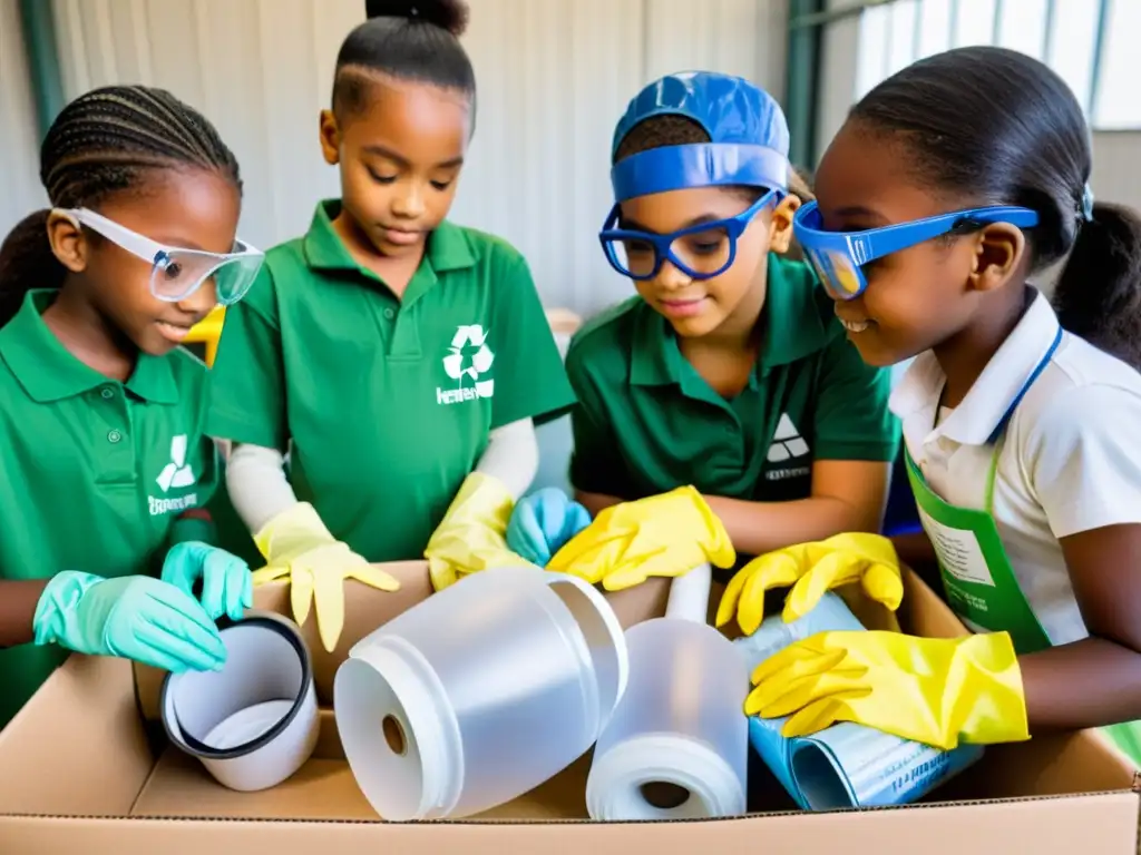 Grupo diverso de niños escolares realizando experimentos de reciclaje, observando materiales con lupa y balanza, mostrando la importancia del reciclaje en la educación