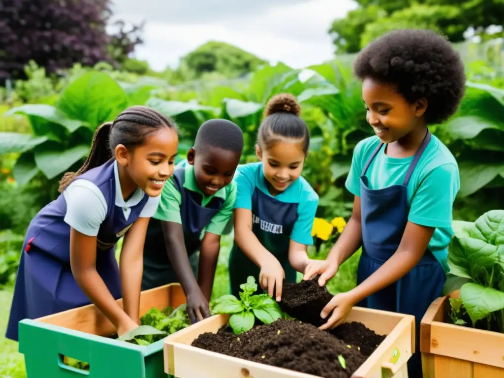 Grupo diverso de niños trabajando juntos en un huerto escolar, aprendiendo sobre sostenibilidad ambiental