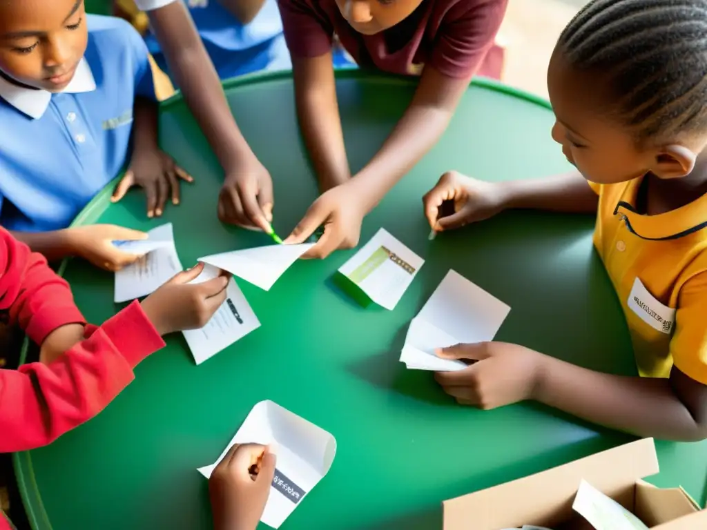 Un grupo diverso de niños trabaja en un proyecto escolar de economía circular, clasificando materiales con concentración y determinación