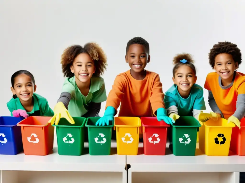 Un grupo diverso de niños sonrientes separa residuos correctamente en contenedores etiquetados, creando una escena educativa y conmovedora