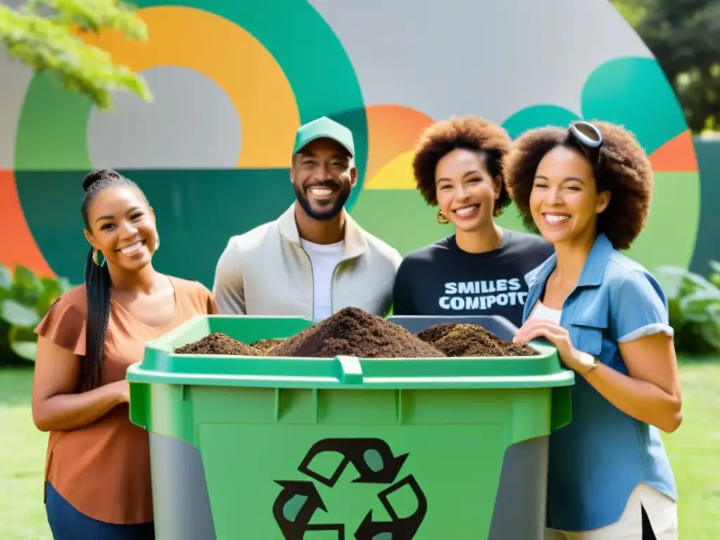 Grupo diverso en parque urbano sostenible, reducir huella carbono compostaje reciclaje