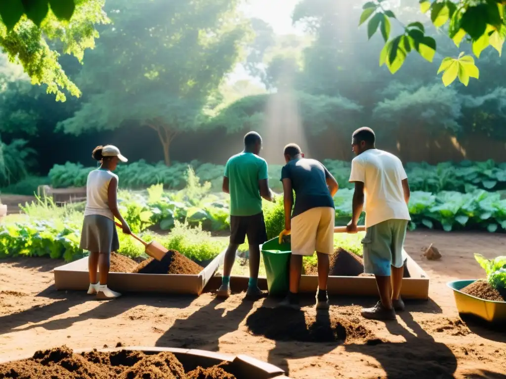 Un grupo diverso de personas colabora en el compostaje en África: soluciones locales, en un jardín comunitario entre la exuberante vegetación