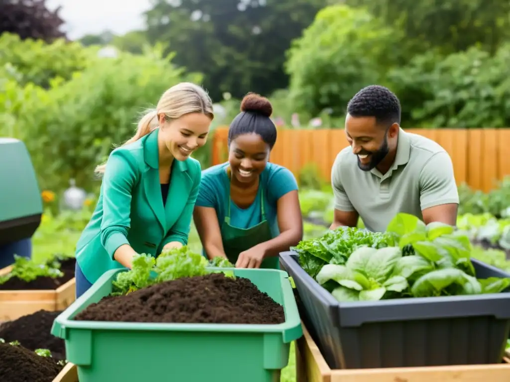 Un grupo diverso de personas trabaja juntas en un huerto comunitario, cuidando contenedores de compost y cultivando plantas