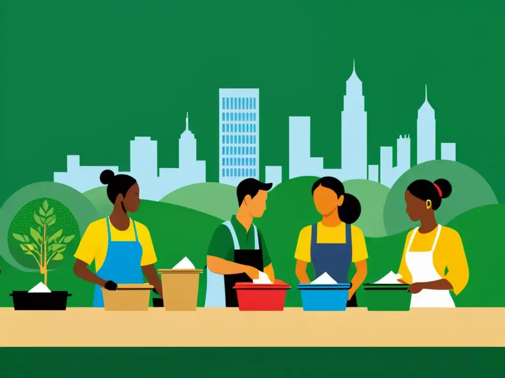 Reciclaje global: Diversidad cultural en acción Un grupo diverso de personas recicla juntas en un entorno urbano y natural, reflejando la unidad global y la conciencia ambiental