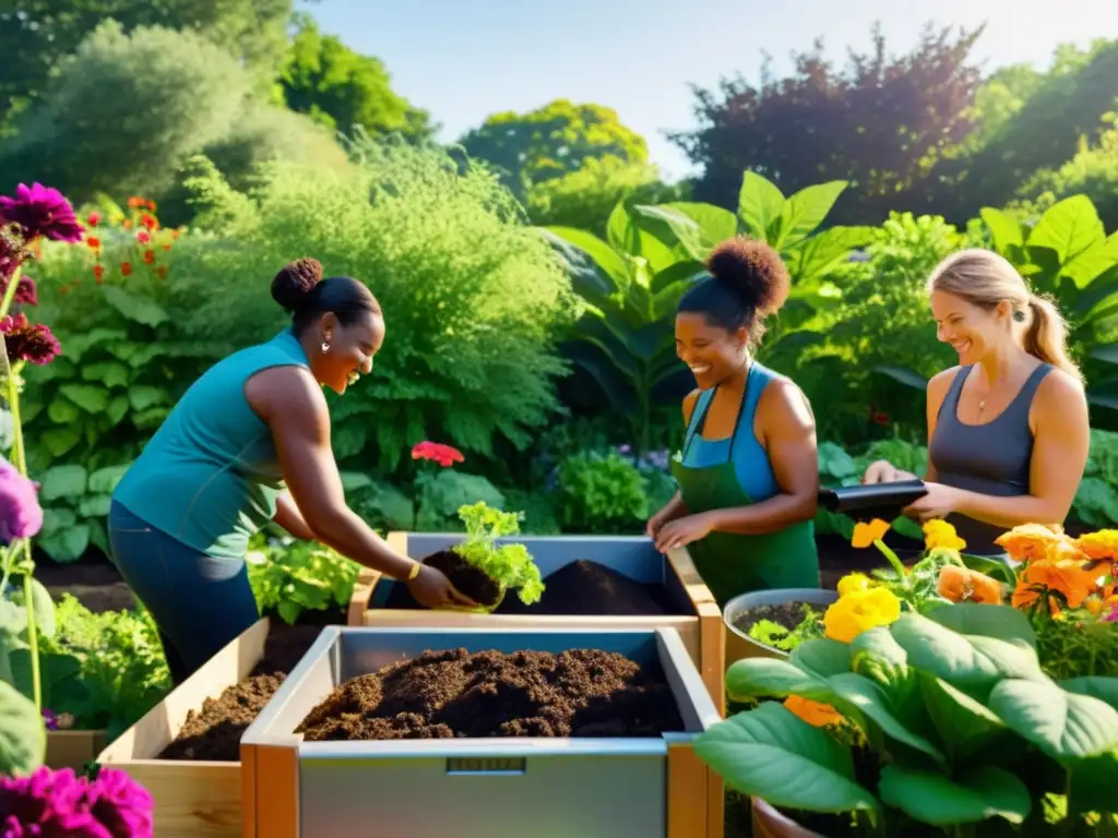 Un grupo diverso de personas trabajando juntas en un jardín comunitario, rodeado de exuberante vegetación y flores vibrantes