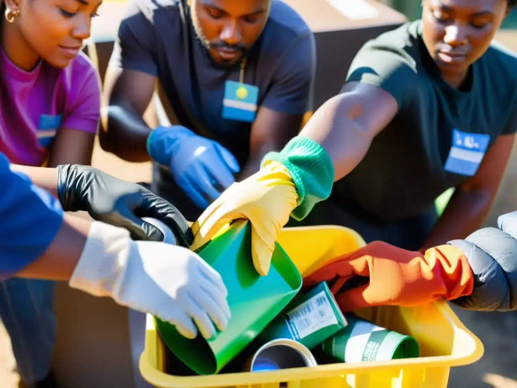 Un grupo diverso de personas clasifica materiales reciclables en un evento comunitario