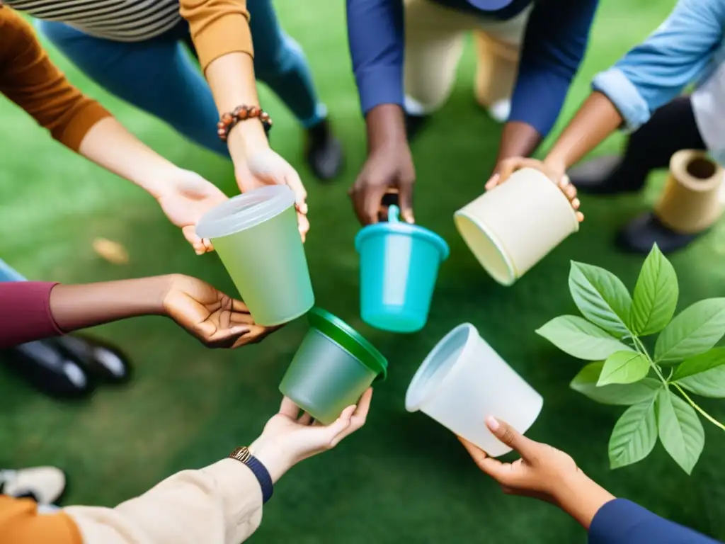 Comunidad diversa reciclando en el parque Un grupo diverso de personas en un parque, clasificando materiales reciclables en contenedores reutilizables