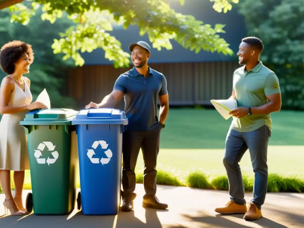 Un grupo diverso de personas colabora en reciclaje, sosteniendo materiales reciclables cerca de un contenedor