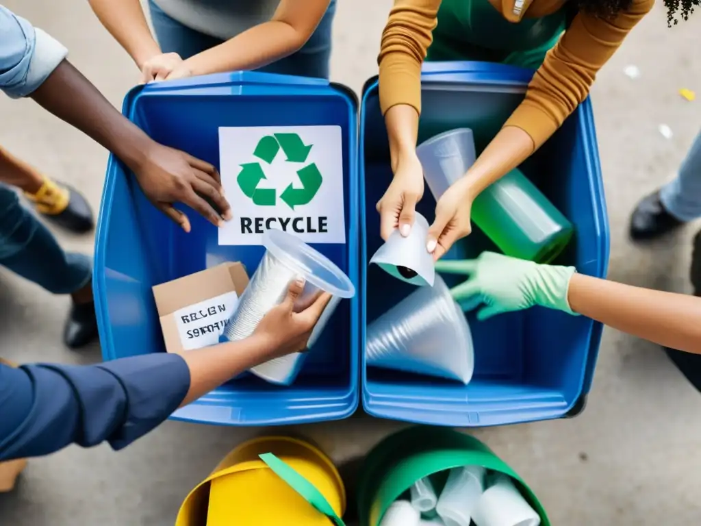 Un grupo diverso de personas colabora en el reciclaje, separando materiales en contenedores etiquetados en una instalación moderna y brillante