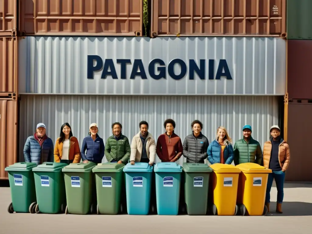 Un grupo diverso de personas viste ropa de Patagonia mientras participa en una campaña de reciclaje textil