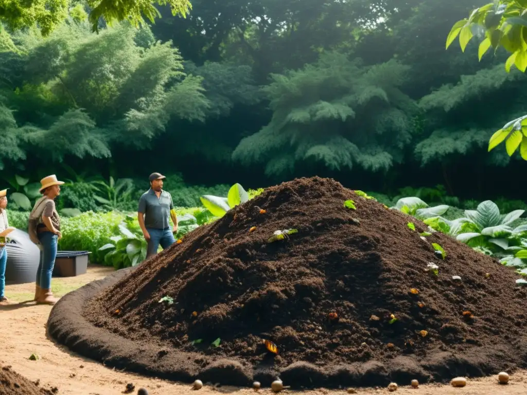 Un grupo diverso de personas discute técnicas de compostaje alrededor de un montón de compost