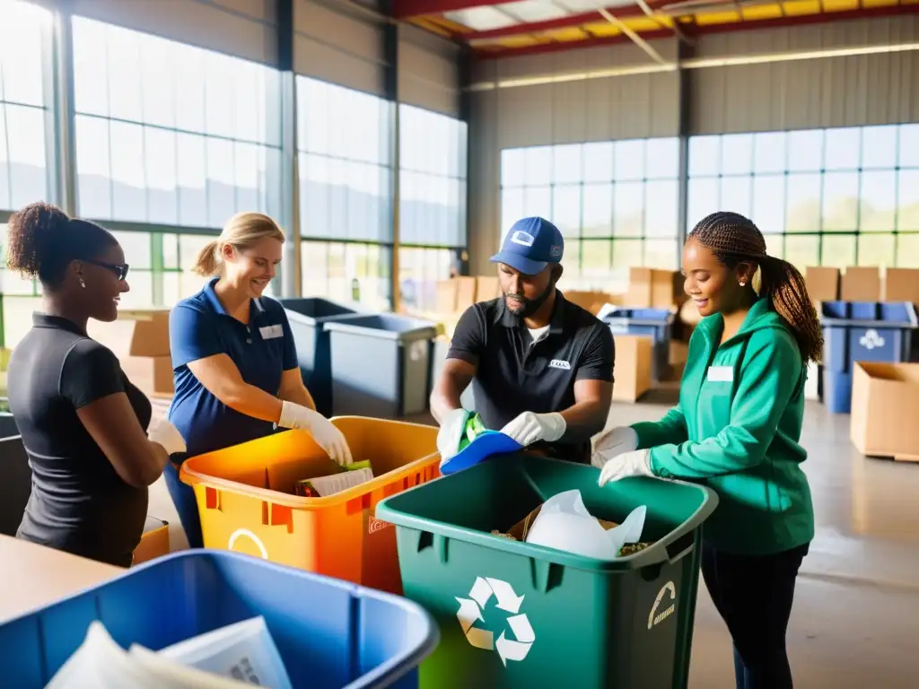 Un grupo diverso de personas clasifica diferentes tipos de materiales reciclables en contenedores separados en un centro de reciclaje