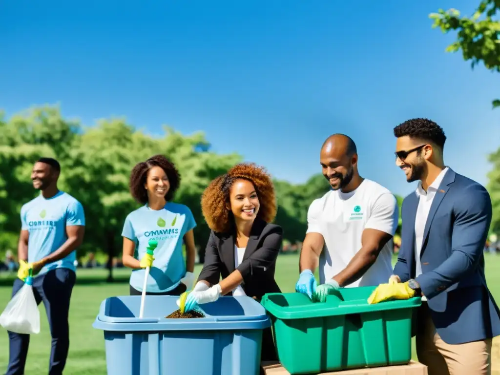 Grupo diverso de personas en trajes de negocios y ropa casual participando en un evento de limpieza comunitaria, mostrando su contribución de empresas a economía circular