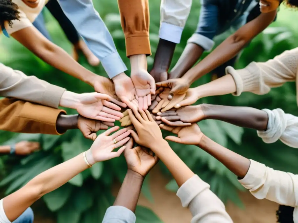 Grupo diverso de personas unidas en círculo, dialogando y colaborando, destacando la legislación para prácticas sostenibles