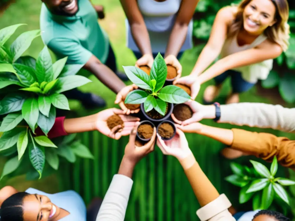 Un grupo diverso sostiene plantas en un bosque