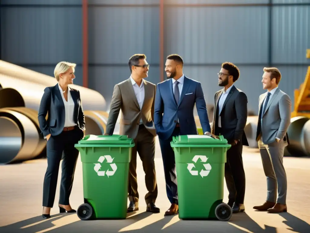 Grupo diverso de profesionales en trajes de negocios colaborando en proyecto de reciclaje, rodeados de tecnología ecoamigable