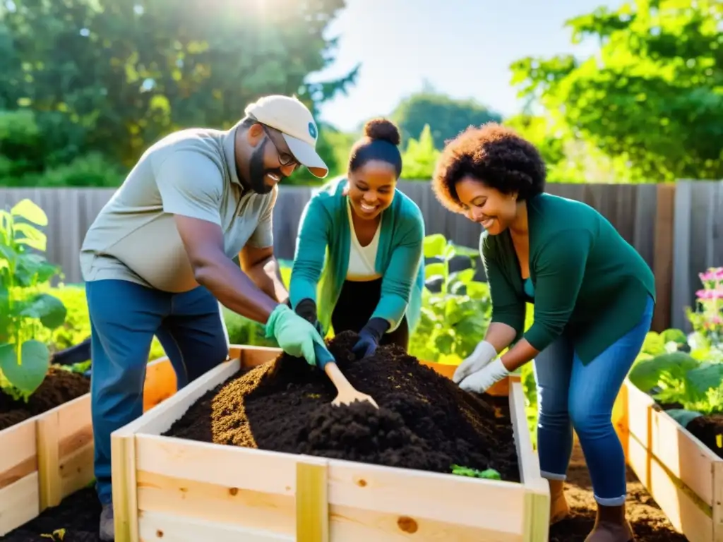 Un grupo diverso colabora en un programa de compostaje comunitario inicio, cuidando una pila de compost en un jardín comunitario