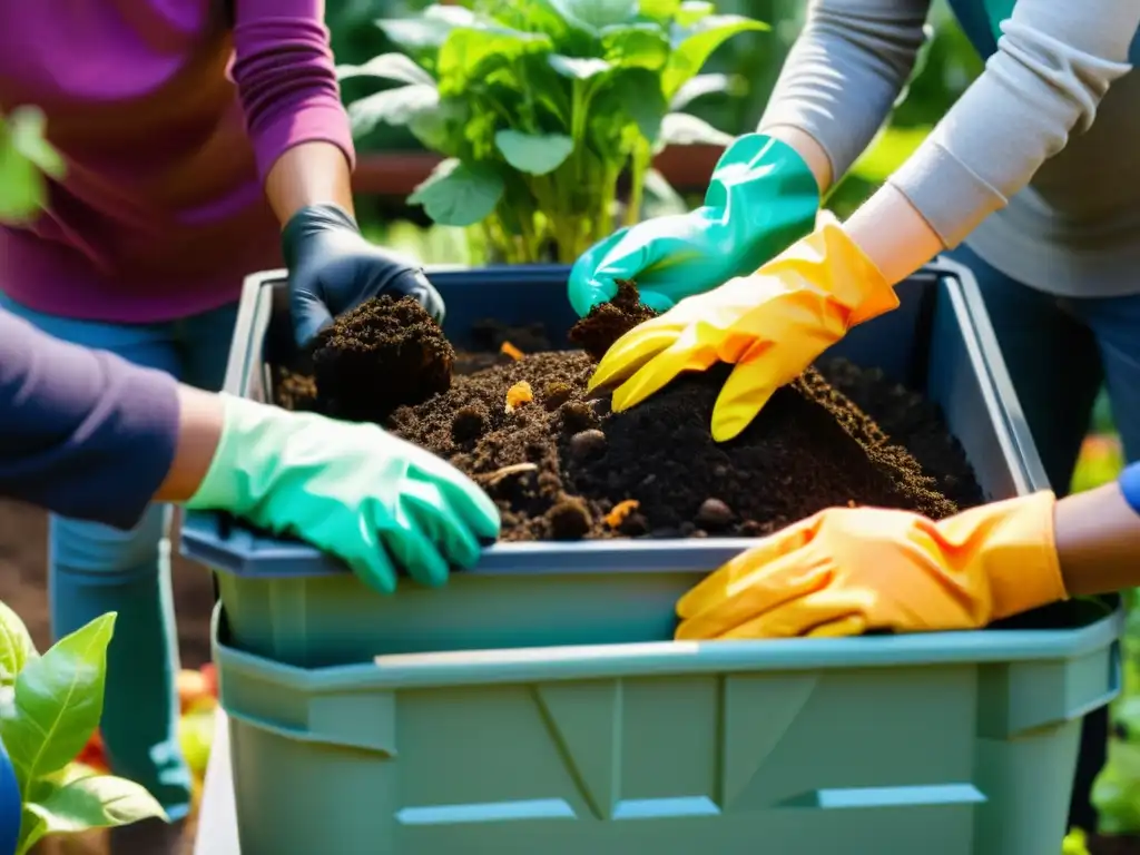 Un grupo diverso colabora en un proyecto de compostaje comunitario, rodeado de vegetación exuberante y contenedores de compost coloridos