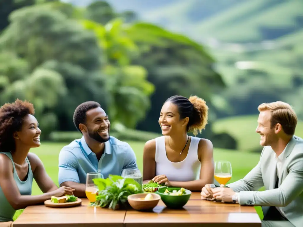 Un grupo diverso y sonriente se reúne alrededor de una mesa en un entorno natural, mostrando camaradería y colaboración