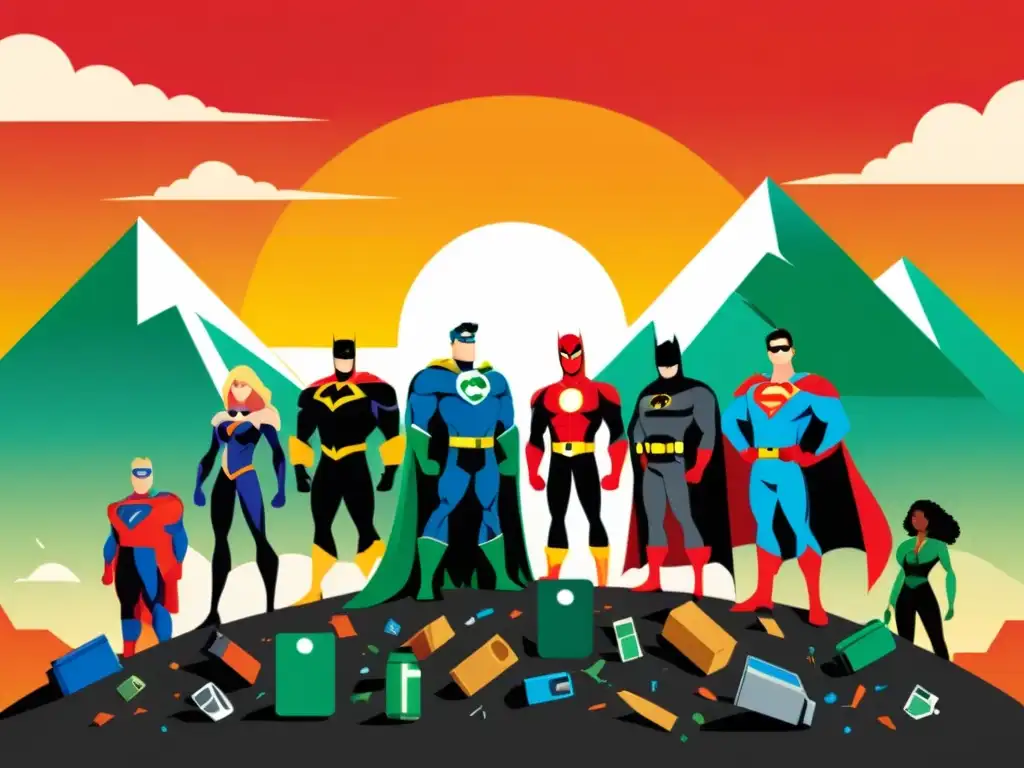 Un grupo diverso de superhéroes recicla basura electrónica al atardecer, en una ilustración minimalista sobre la creación de cómics sobre reciclaje