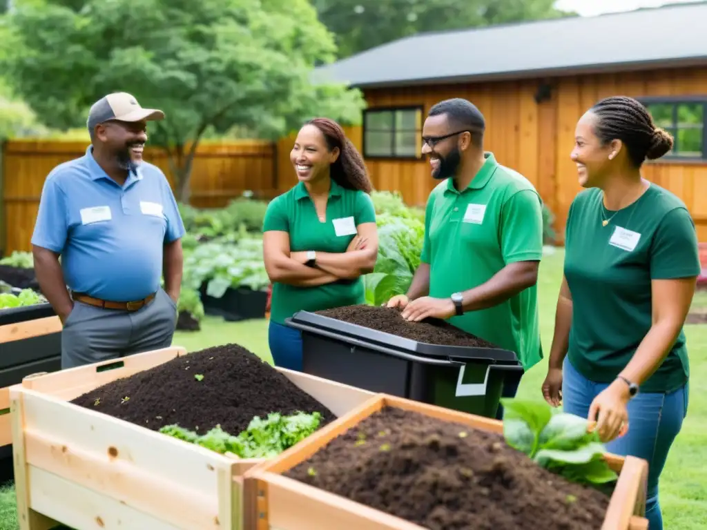 Grupo diverso participa en taller de compostaje, promoviendo la cultura del compostaje en negocios