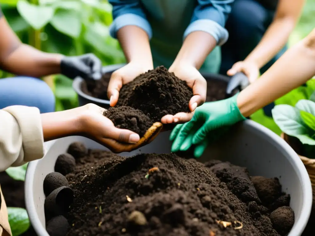 Un grupo diverso participa en un taller de compostaje en un jardín, mezclando desechos orgánicos para crear un hogar sostenible