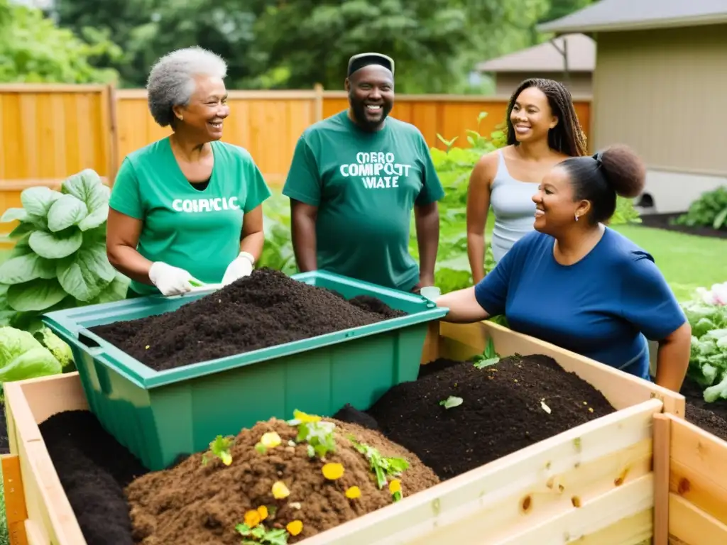 Grupo diverso practica técnicas compostaje residuos orgánicos en jardín comunitario, fomentando colaboración e educación ambiental